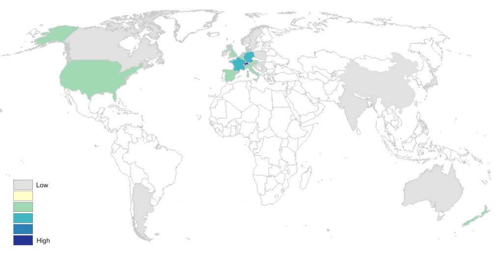 Map of the world with the spreading of the name Morgenthaler